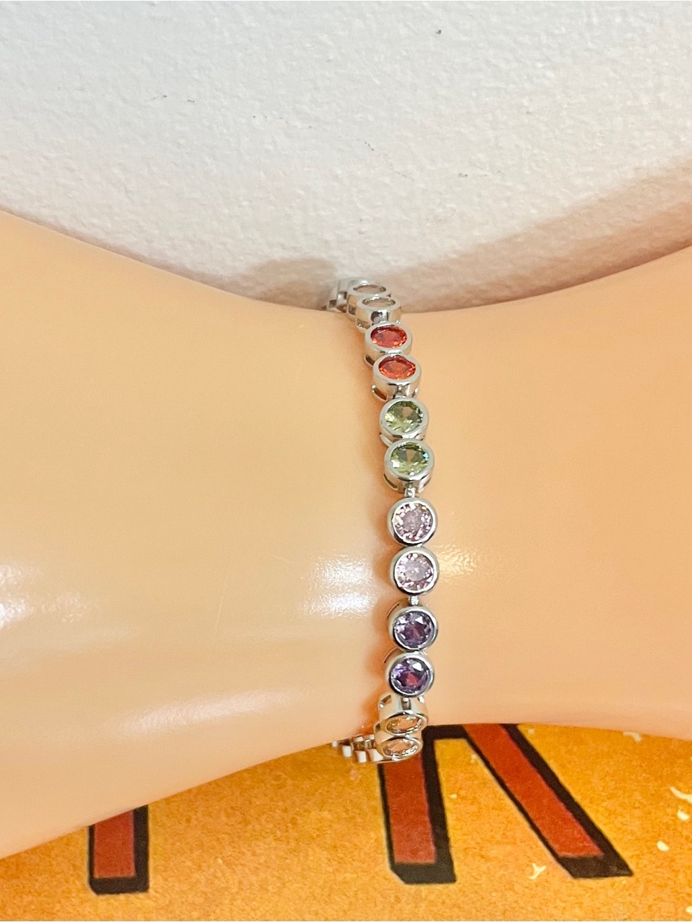 Multi Gemstone Rainbow White Gold Filled Bezel Set CZ Tennis Bracelet NWOT